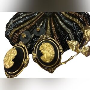 Vintage Cameo Jewelry Lot Brooch, Gold Rose , And Beaded Purse Clutch Vintage
